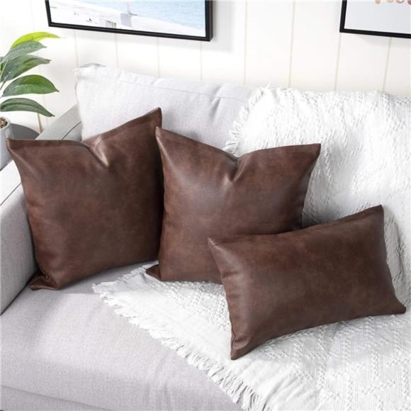 Set of 2Faux Leather Decorative Throw Pillow Covers Modern Solid Outdoor Cushion - Picture 6 of 6